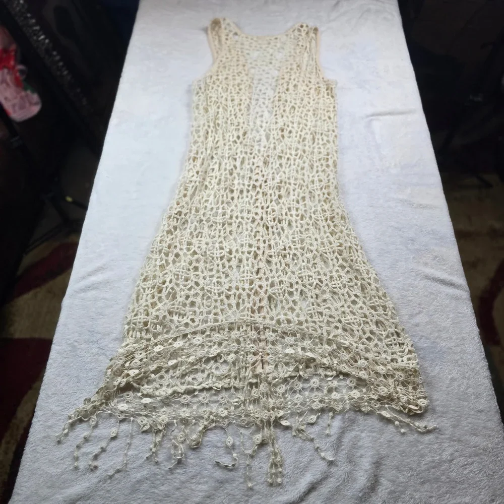 Unbranded Cream Crochet Swim Cover Up Vest Boho Fringe High Low Lace Trim